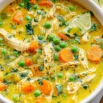 Anti Inflammatory Turmeric Chicken Soup with shredded chicken, carrots, peas, and herbs in a golden broth
