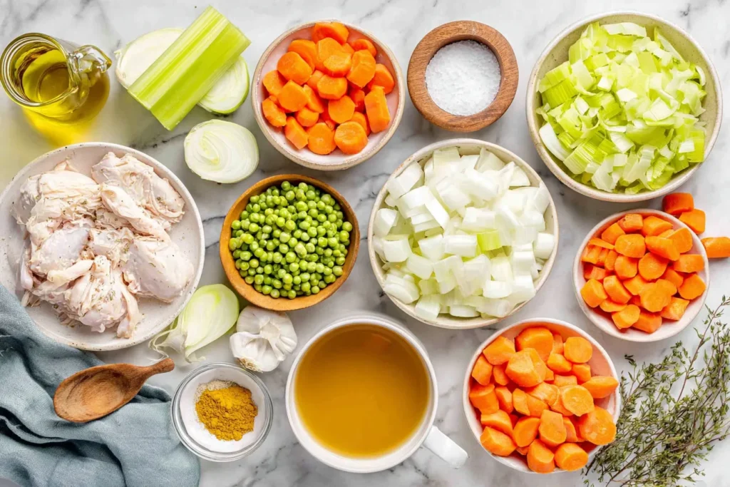 Anti Inflammatory Turmeric Chicken Soup ingredients laid out including chicken, carrots, celery, onion, peas, turmeric, and broth