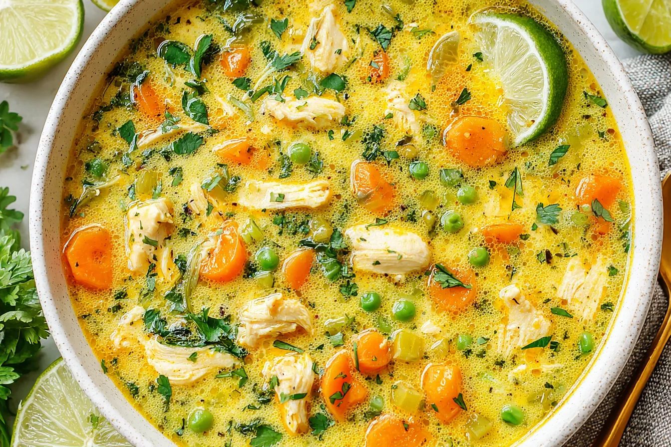 Anti Inflammatory Turmeric Chicken Soup garnished with fresh herbs and lime slices