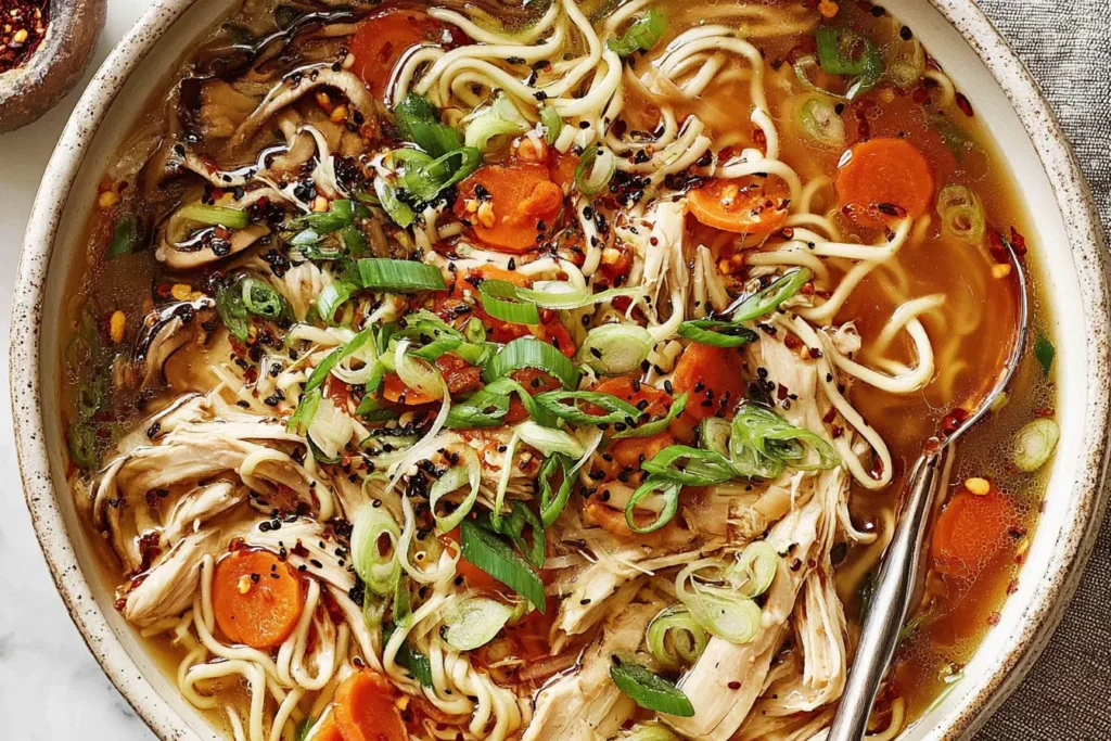 Classic Ginger Scallion Chicken Noodle Soup topped with fresh scallions, tender chicken, and noodles in savory broth.