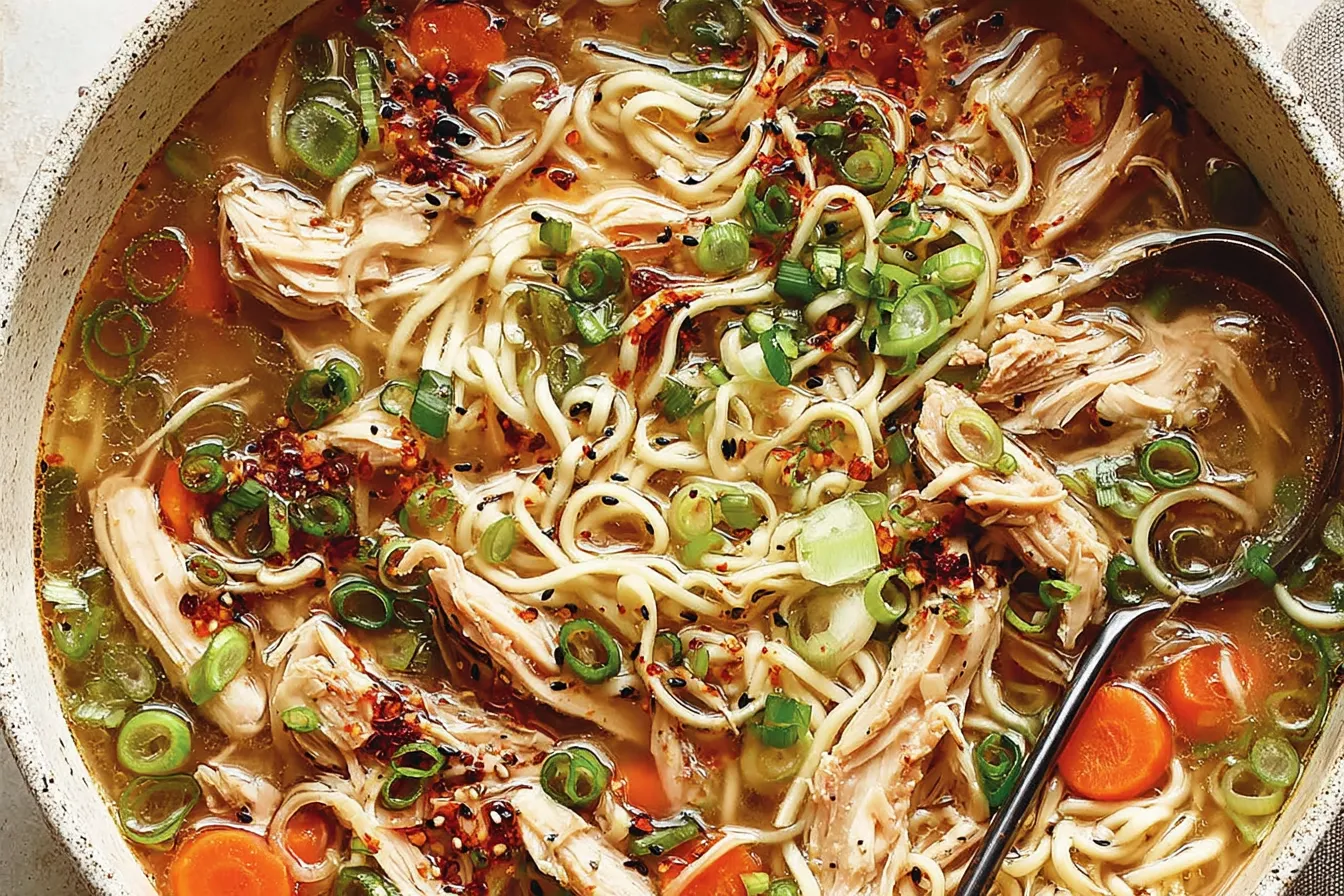 Classic Ginger Scallion Chicken Noodle Soup with tender chicken, noodles, scallions, and chili oil in a cozy broth.