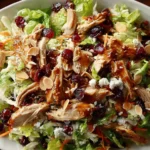 Asian Chicken Cranberry Salad drizzled with savory dressing, topped with shredded chicken, cranberries, and sliced almonds