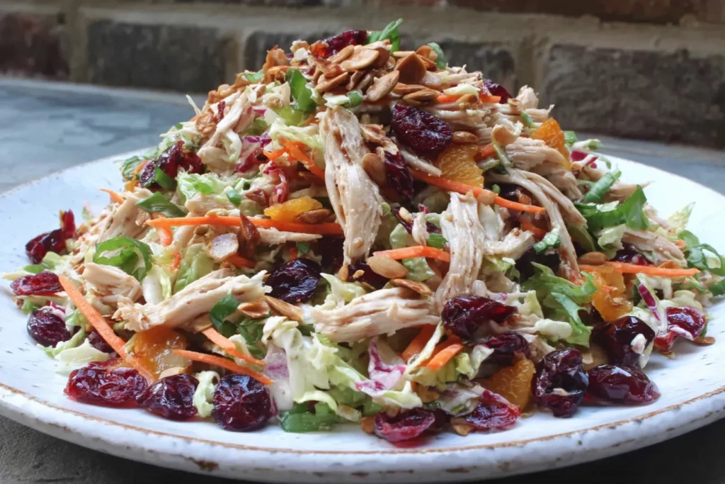 Asian Chicken Cranberry Salad piled high with shredded chicken, dried cranberries, crunchy cabbage, carrots, and toasted almonds