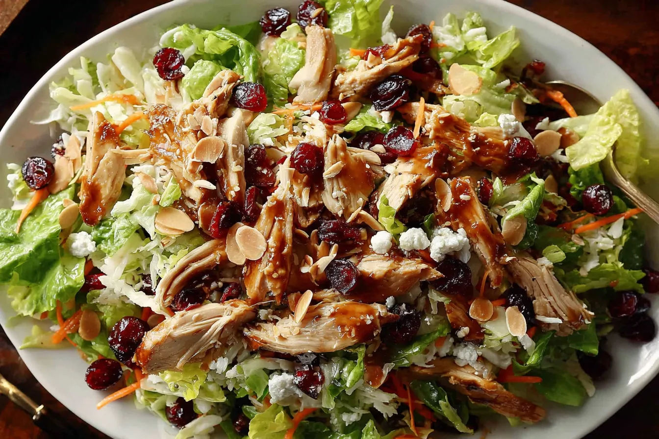 Asian Chicken Cranberry Salad drizzled with savory dressing, topped with shredded chicken, cranberries, and sliced almonds