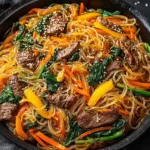 Authentic Korean Japchae Noodles Recipe featuring beef, carrots, spinach, and sweet potato noodles in a black pan