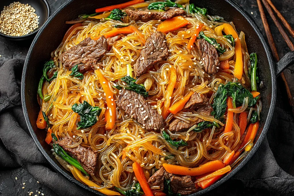 Authentic Korean Japchae Noodles Recipe with beef, vegetables, and sweet potato glass noodles in a skillet