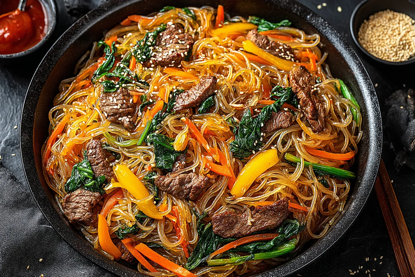 Authentic Korean Japchae Noodles Recipe featuring beef, carrots, spinach, and sweet potato noodles in a black pan