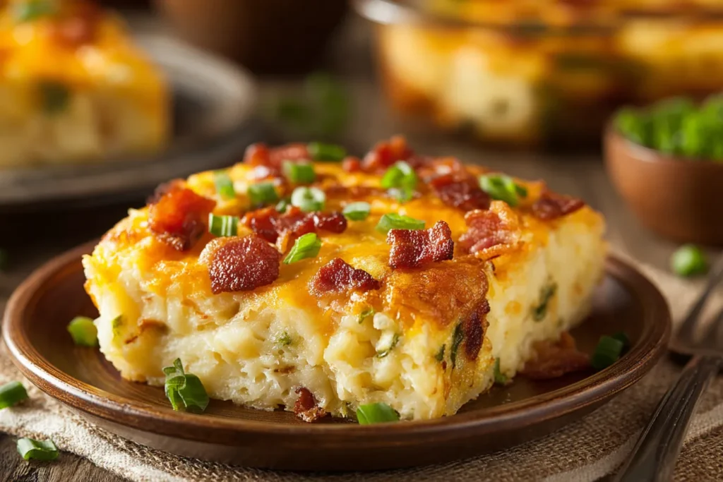 Bacon Egg and Hashbrown Casserole square served on a brown plate with crispy bacon and green onions.