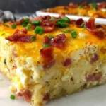Bacon Egg and Hashbrown Casserole slice topped with crispy bacon and chives on a white plate.