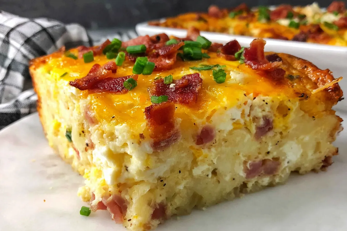 Bacon Egg and Hashbrown Casserole slice topped with crispy bacon and chives on a white plate.
