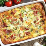 Bacon, Potato, and Egg Casserole with peppers and herbs baked in a white rectangular pan.