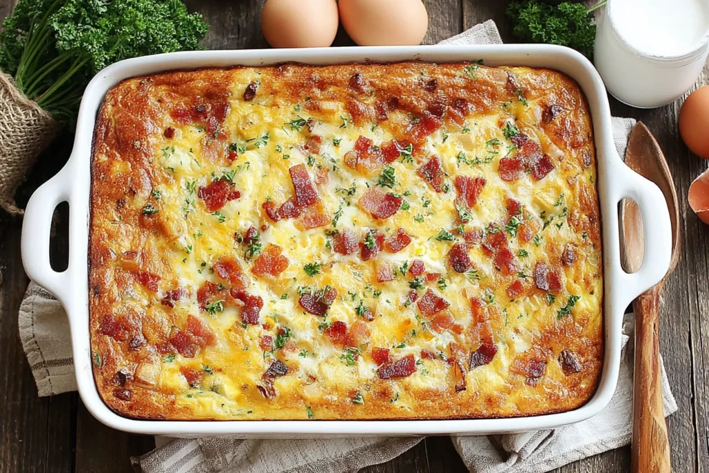 Bacon, Potato, and Egg Casserole baked in a white dish with crispy bacon on top.