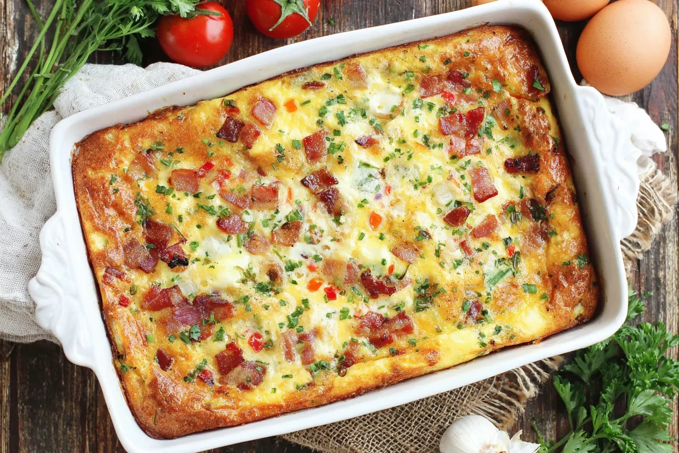 Bacon, Potato, and Egg Casserole with peppers and herbs baked in a white rectangular pan.
