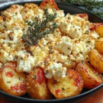 Baked Feta Potatoes in a black baking dish with roasted tomatoes, herbs, and melted feta cheese on top