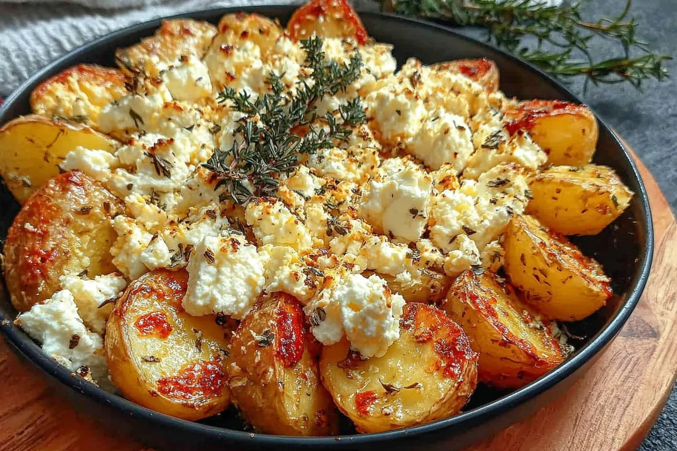 Baked Feta Potatoes in a black baking dish with roasted tomatoes, herbs, and melted feta cheese on top