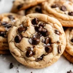 Pile of soft Bakery Style Chocolate Chip Cookies with melty chocolate chips and a sprinkle of sea salt.