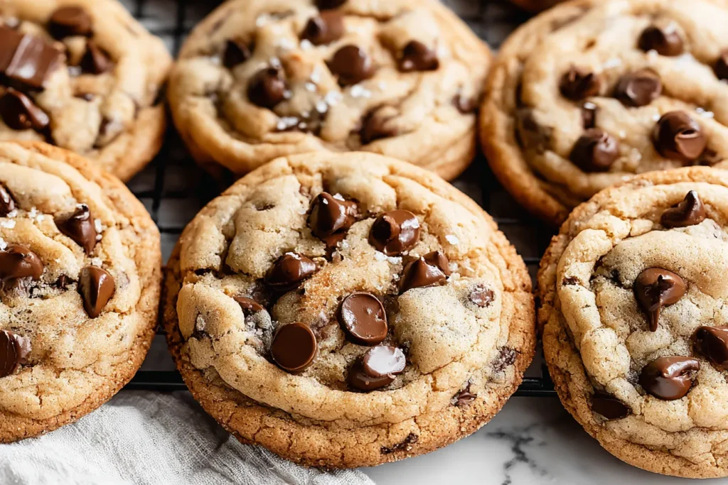 Freshly baked Bakery Style Chocolate Chip Cookies cooling on a wire rack with golden edges and melted chocolate.