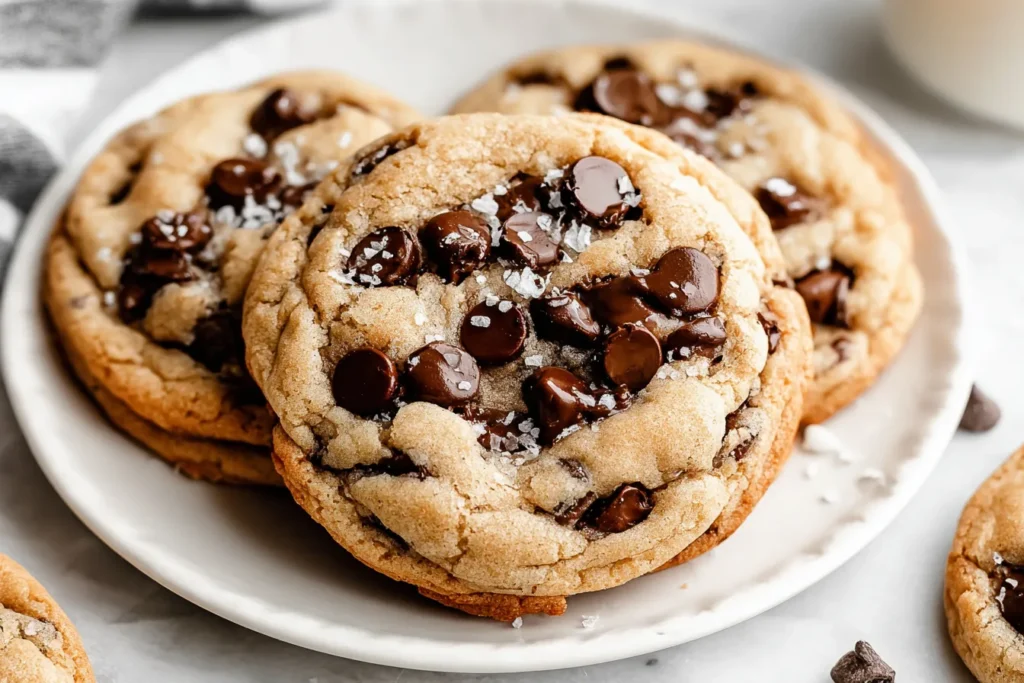 Soft and gooey Bakery Style Chocolate Chip Cookies topped with melty chocolate chips and flaky sea salt.