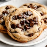 Soft and gooey Bakery Style Chocolate Chip Cookies topped with melty chocolate chips and flaky sea salt.