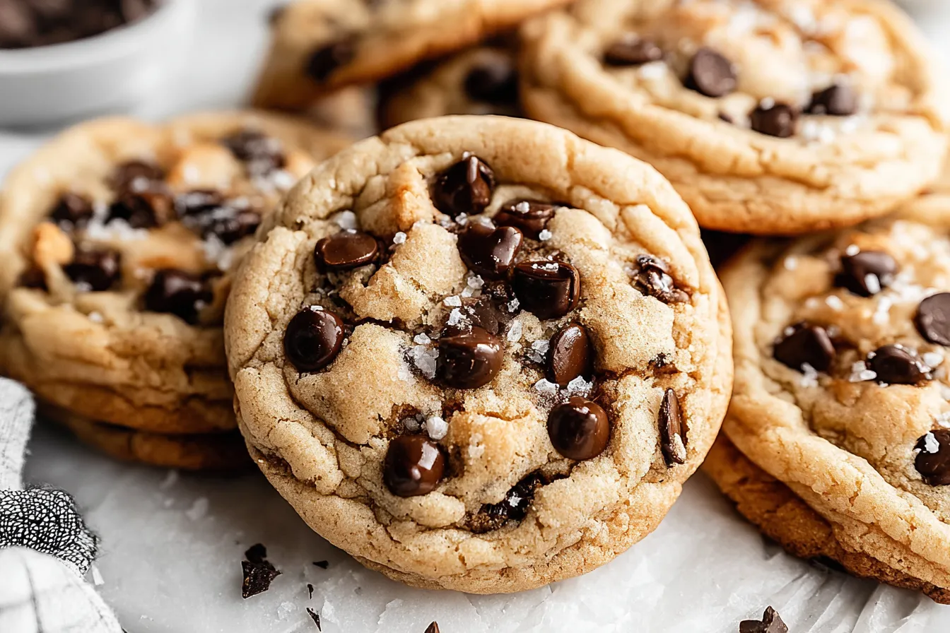 Pile of soft Bakery Style Chocolate Chip Cookies with melty chocolate chips and a sprinkle of sea salt.