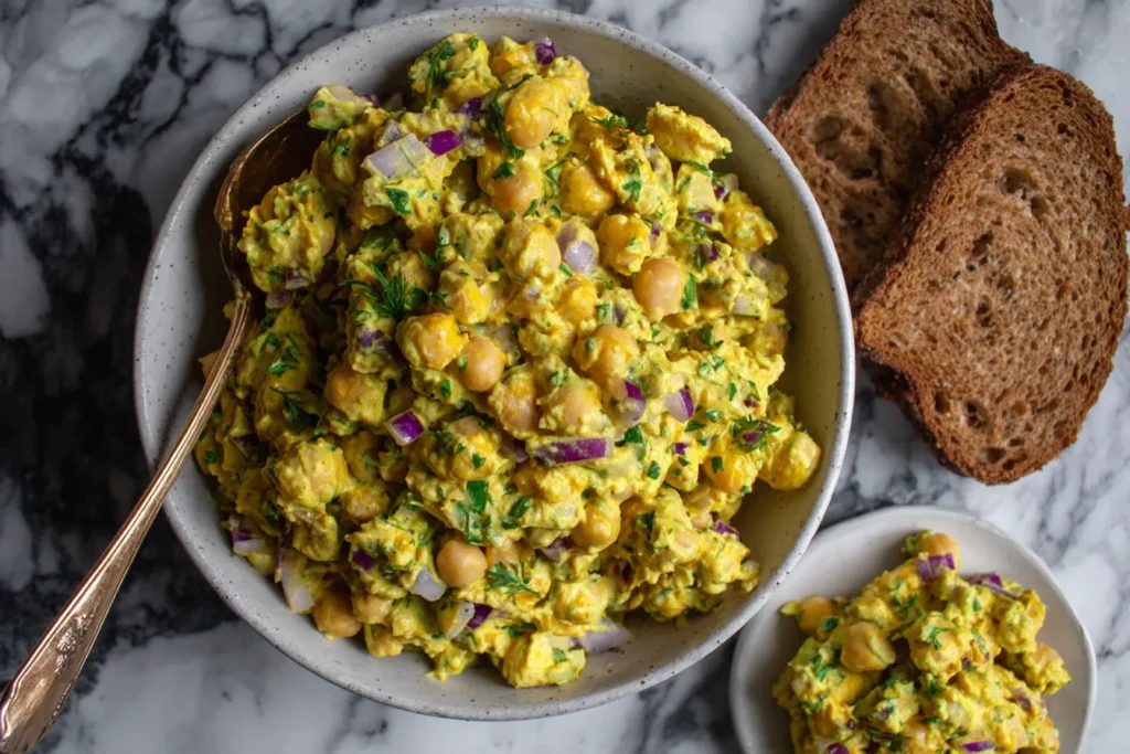 Best Curried Chickpea Salad with chickpeas, red onion, and herbs in a bowl with bread slices on the side.