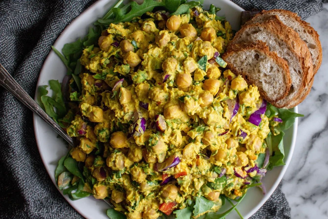 Best Curried Chickpea Salad served over greens with bread slices and colorful veggies.