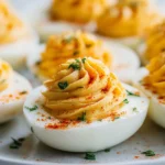 Best Deviled Eggs with creamy piped filling and paprika dusting