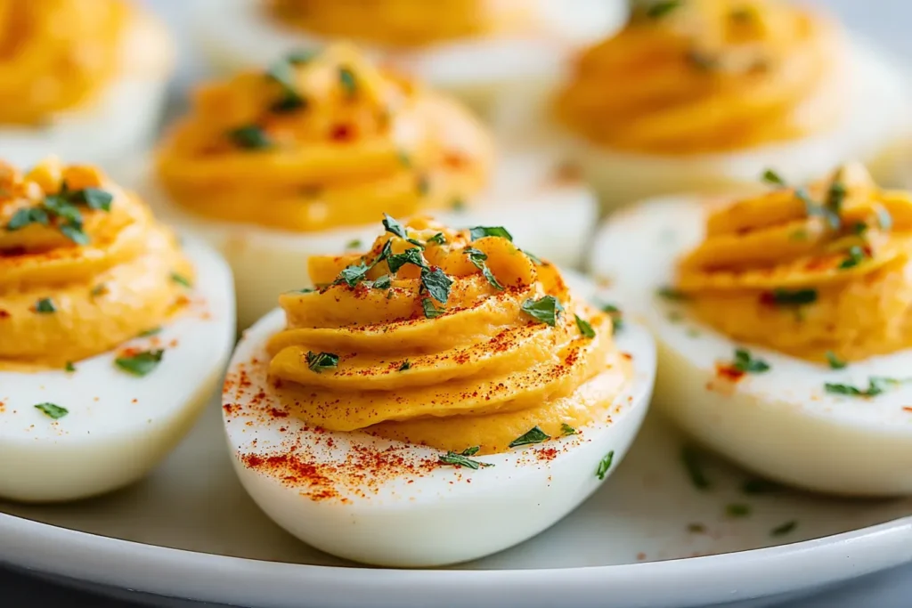 Best Deviled Eggs garnished with paprika and herbs on a serving plate