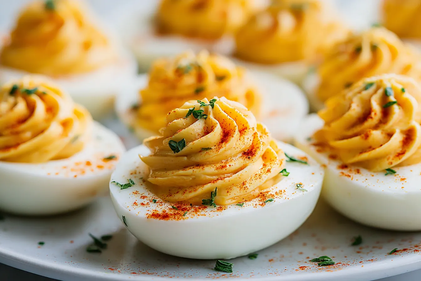 Best Deviled Eggs with creamy piped filling and paprika dusting