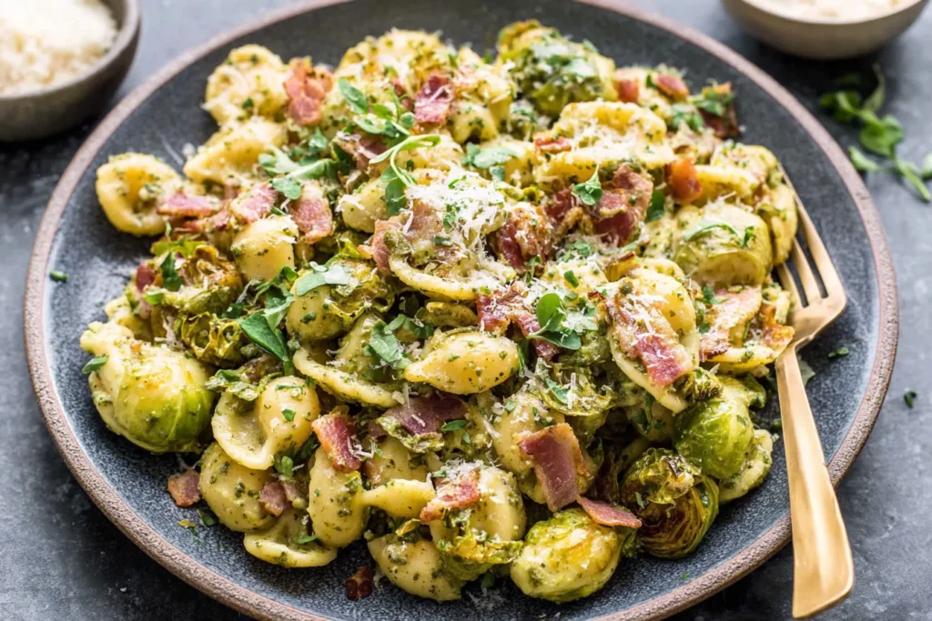 Brussels Sprouts and Bacon Pesto Pasta plated with crispy bacon and fresh herbs