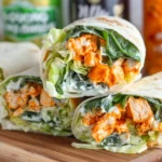 Buffalo Chicken Caesar Salad Wraps cut in half with buffalo chicken and Caesar dressing visible