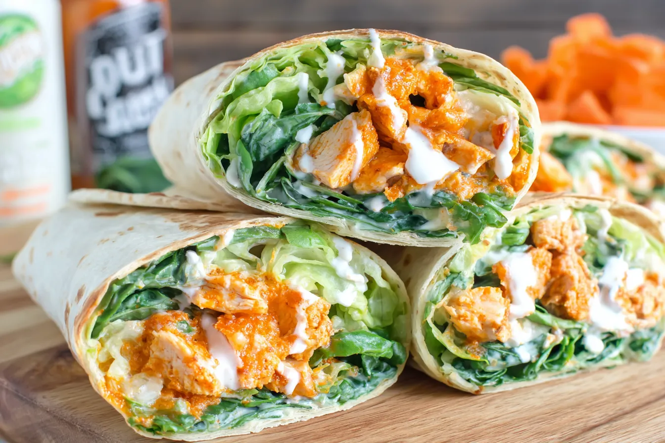 Buffalo Chicken Caesar Salad Wraps stacked on a wooden board with crisp romaine and creamy dressing