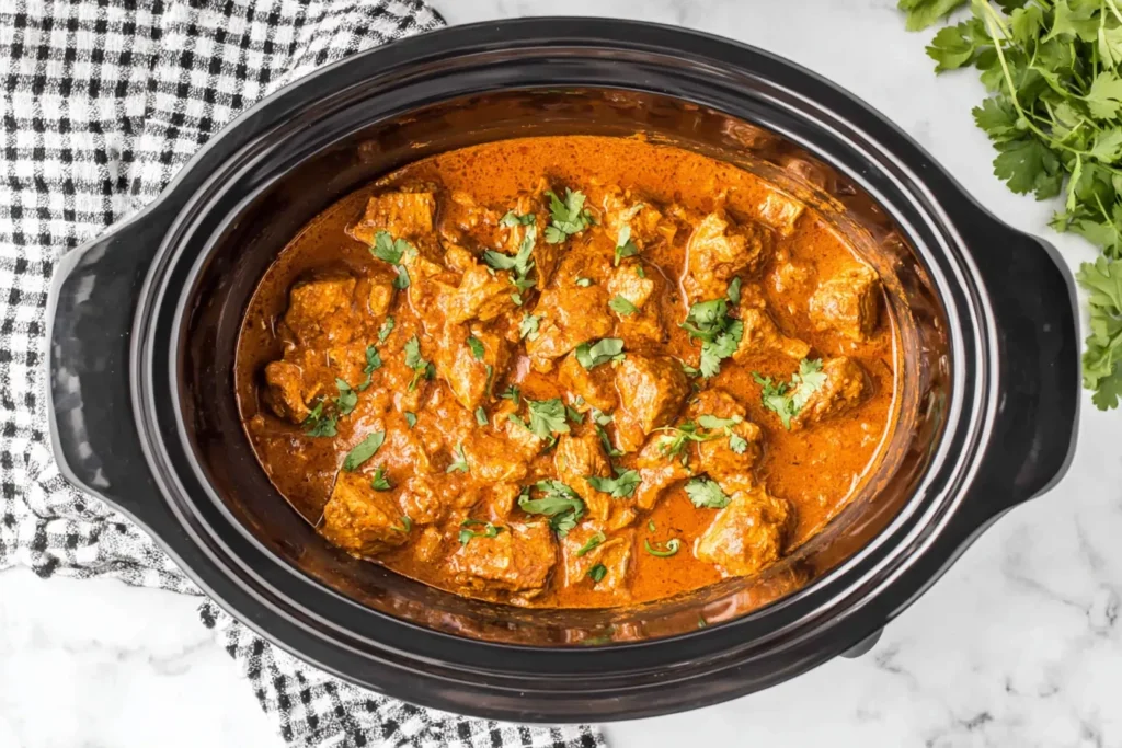 Butter Chicken Slow Cooker in a crockpot topped with fresh cilantro