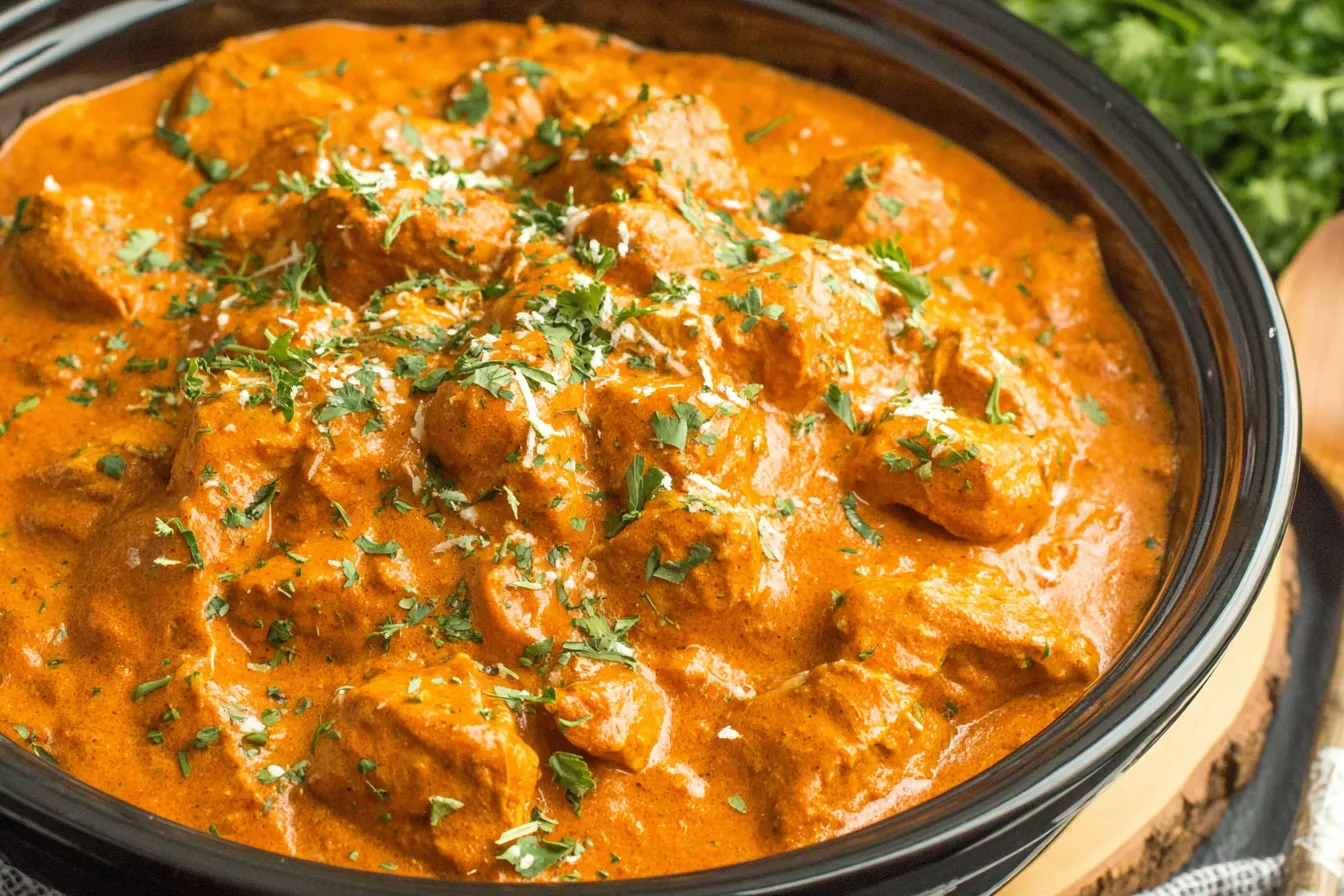Close-up of creamy Butter Chicken Slow Cooker with fresh cilantro on top