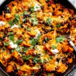 Butternut Squash and Black Bean Enchilada Skillet with tortilla strips, melted cheese, cilantro, and sour cream.