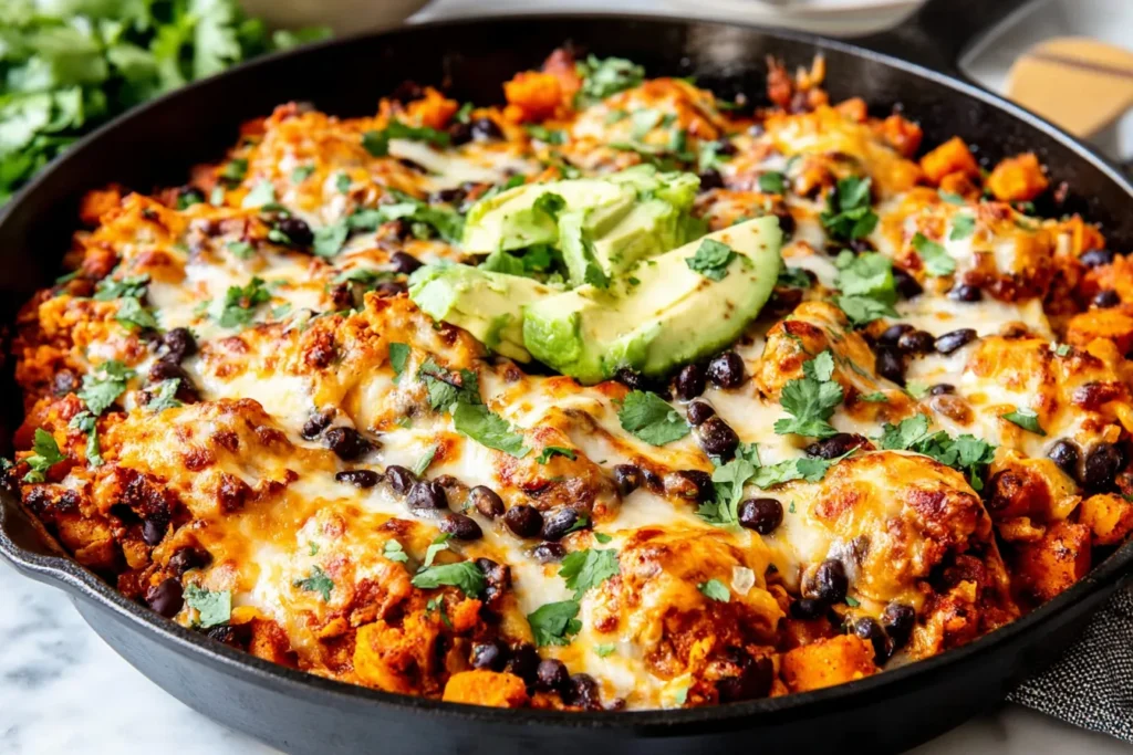 Butternut Squash and Black Bean Enchilada Skillet topped with melted cheese, black beans, cilantro, and sliced avocado.