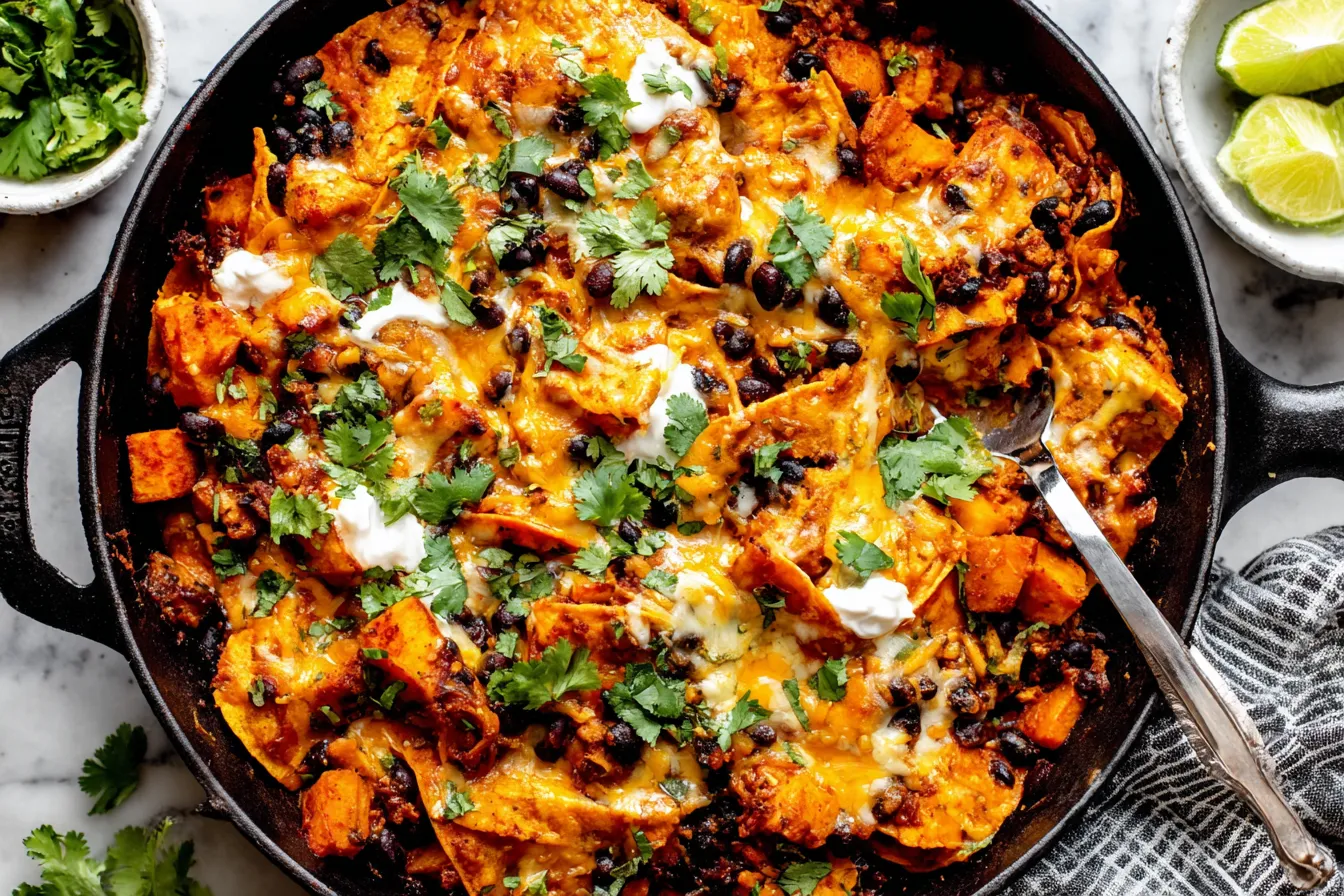 Butternut Squash and Black Bean Enchilada Skillet with tortilla strips, melted cheese, cilantro, and sour cream.
