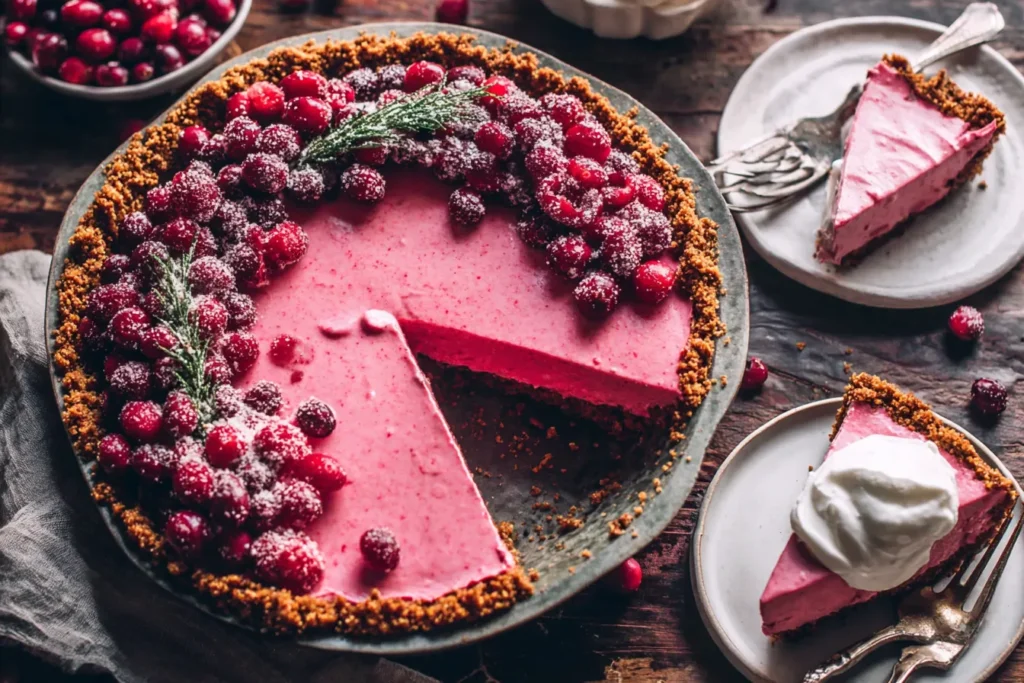Whole CRANBERRY MEYER LEMON PIE with gingersnap crust garnished with sugared cranberries on a rustic table
