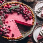Whole CRANBERRY MEYER LEMON PIE with gingersnap crust garnished with sugared cranberries on a rustic table