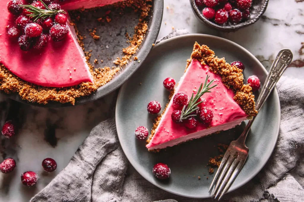Slice of CRANBERRY MEYER LEMON PIE with gingersnap crust topped with sugared cranberries on a gray plate