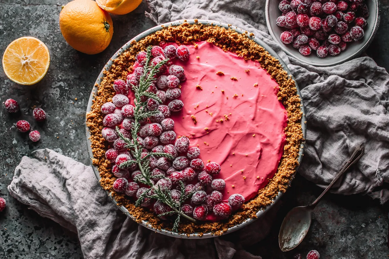 Overhead view of CRANBERRY MEYER LEMON PIE with gingersnap crust surrounded by fresh lemons and cranberries