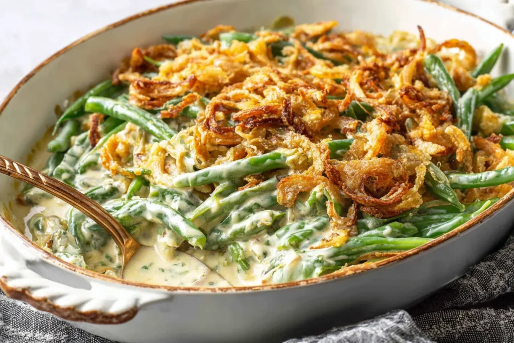 Campbells Green Bean Casserole baked in a casserole dish with creamy sauce and crispy onions.