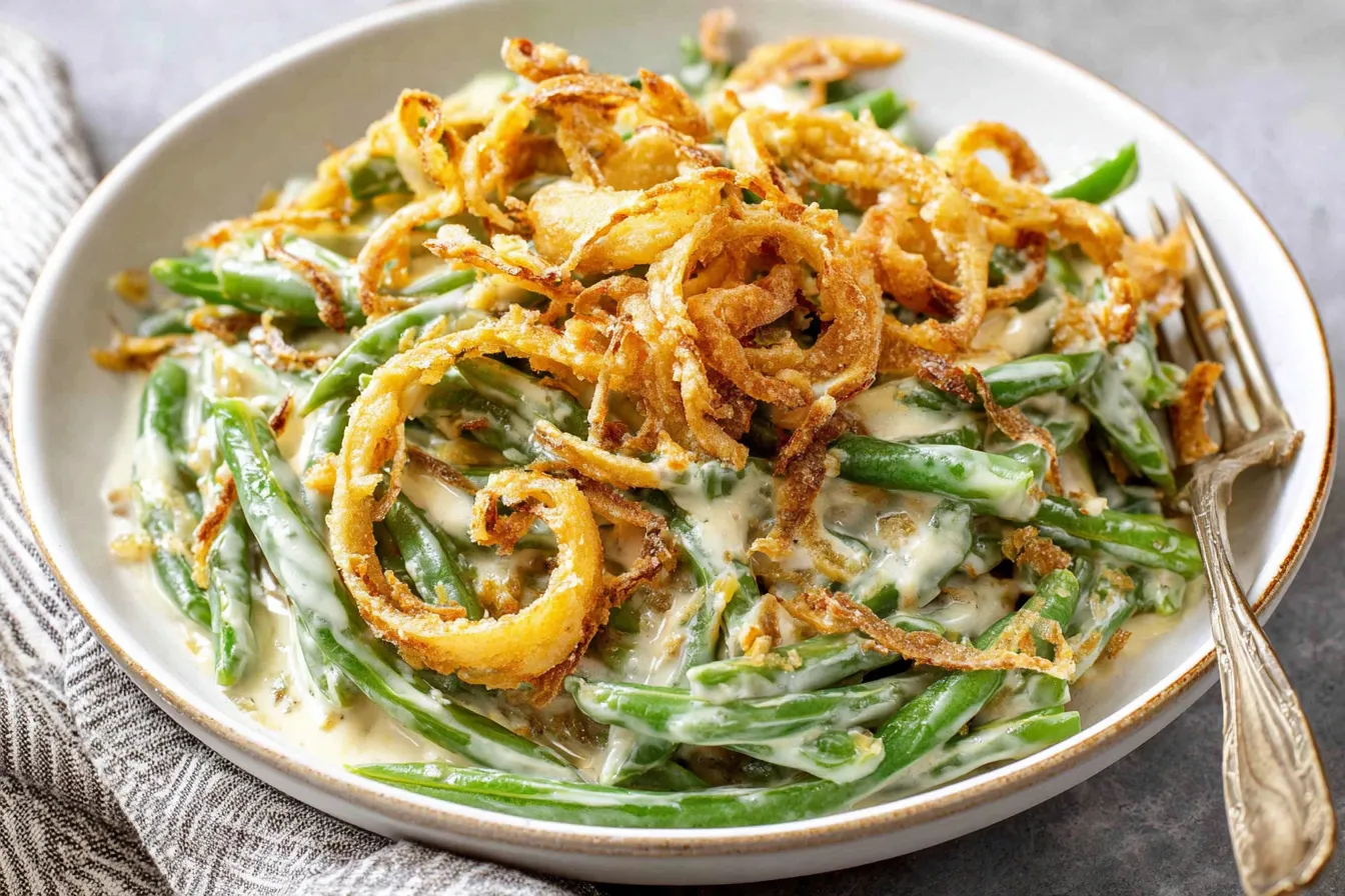 Plate of Campbells Green Bean Casserole with creamy sauce and crispy onion strings.