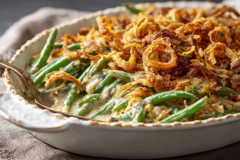 Creamy Campbells Green Bean Casserole topped with crispy fried onions in a ceramic baking dish.