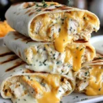 Cheesy Garlic Chicken Wraps Recipe showing grilled tortillas stuffed with juicy chicken and flowing melted cheddar and garlic sauce.