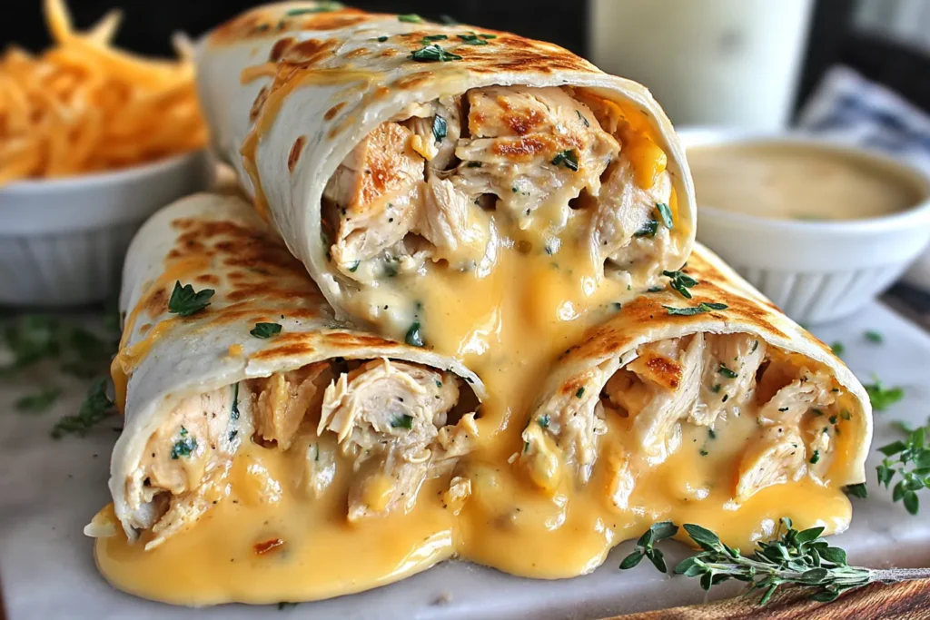 Cheesy Garlic Chicken Wraps Recipe with melted cheese overflowing from toasted tortillas filled with juicy chicken.