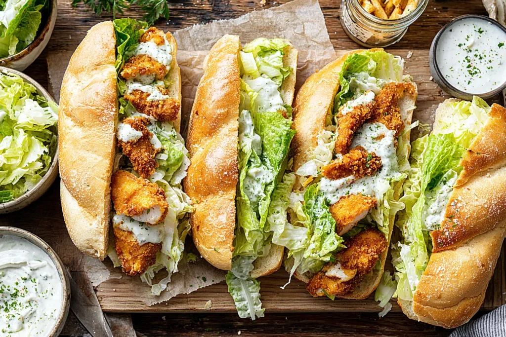 Chicken Caesar Sandwiches made with crispy breaded chicken, fresh romaine, and creamy Caesar dressing on toasted hoagie rolls