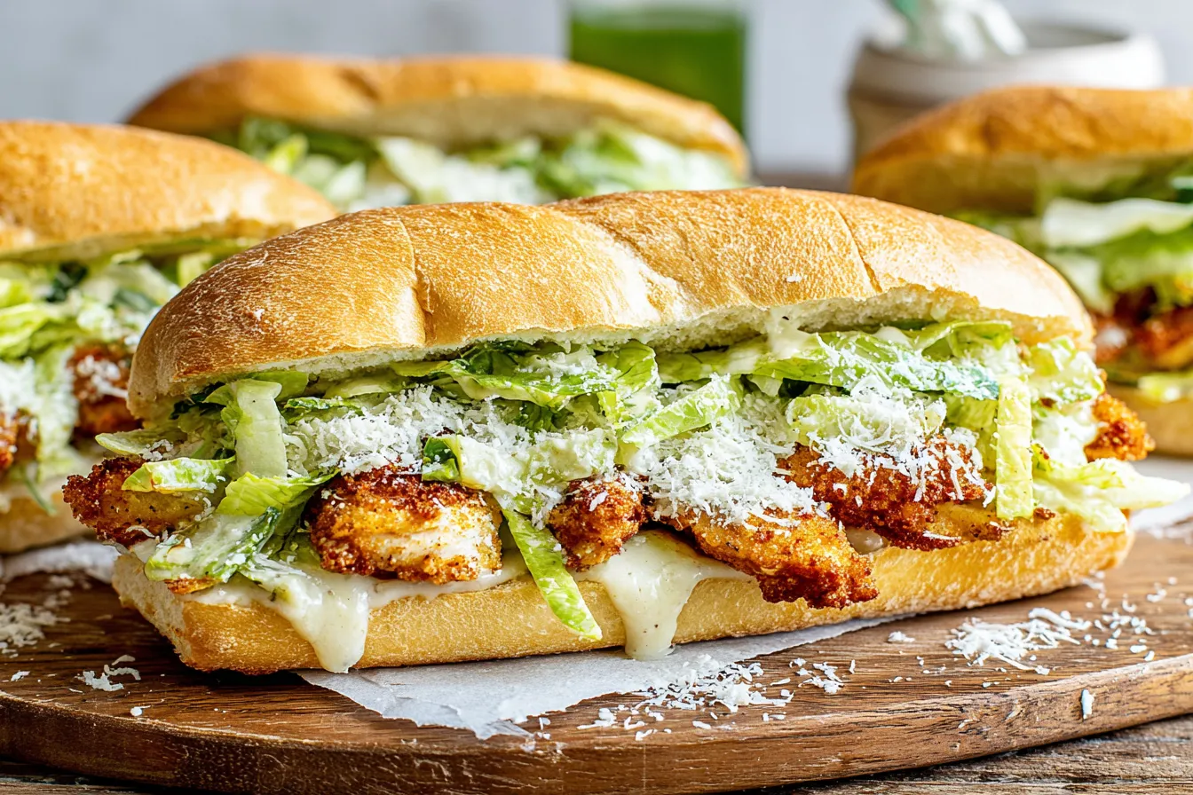 Chicken Caesar Sandwiches with crispy chicken cutlets, shaved parmesan, romaine lettuce, and creamy Caesar sauce on a crusty roll
