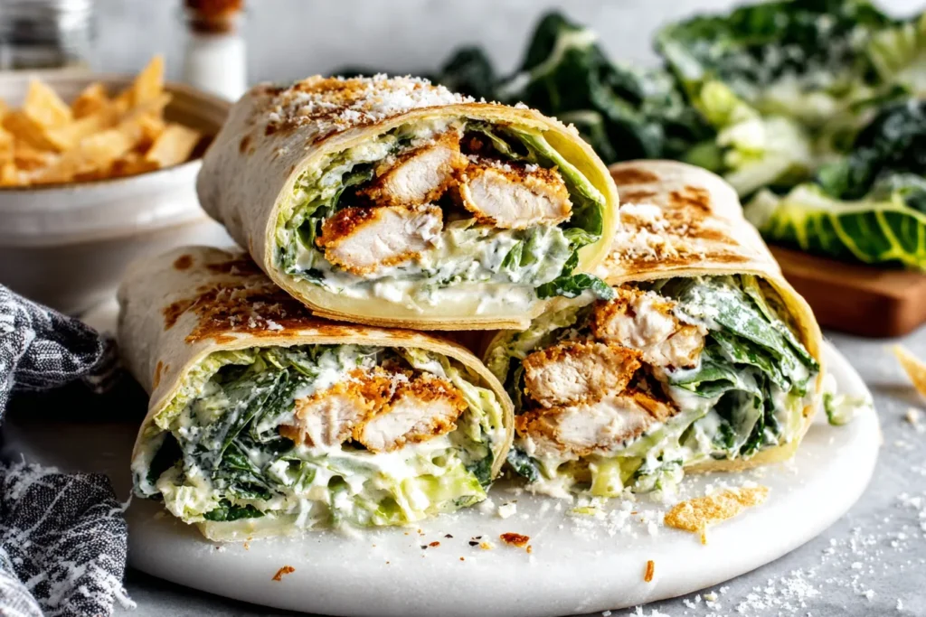 Chicken Caesar Wrap stacked with breaded chicken, romaine, parmesan, and Caesar dressing