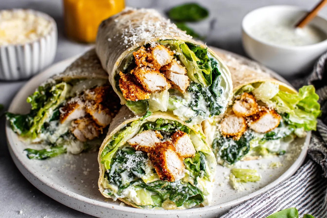 Chicken Caesar Wrap cut in half with crispy chicken, romaine lettuce, and creamy Caesar dressing